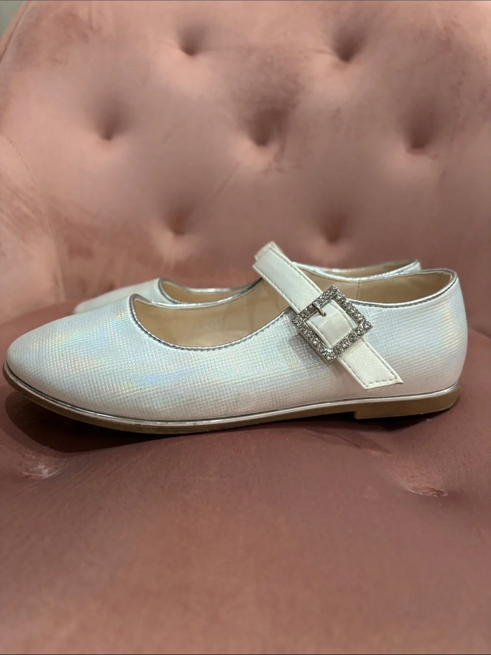 Doralle Italian Ivory Mary Jane Flats with Rhinestone Buckle 32 1